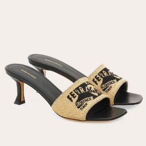 Salvatore Ferragamo Black and Tan Heeled Mules 7.5 M